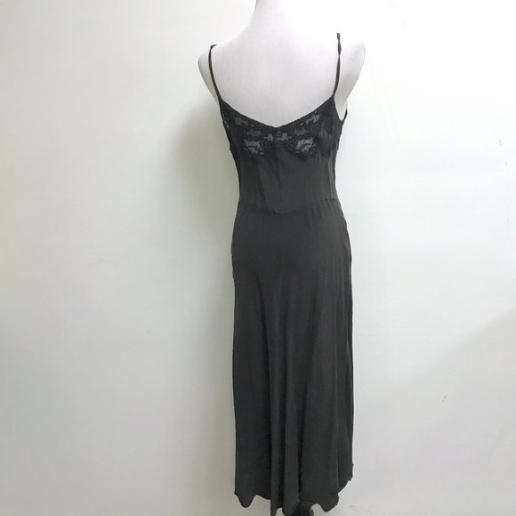 Maxine black lace + velvet silk long slip gown spaghetti straps VINTAGE M midi - Picture 7 of 7